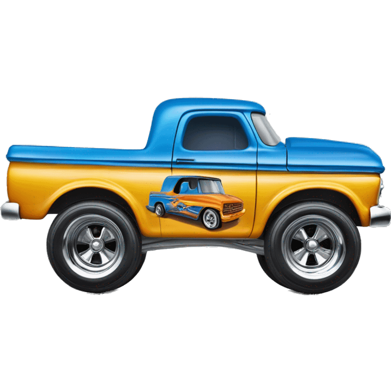 Side shot, Hot wheels, Hot rod, large panel truck, 1964 with exposed chrome exhaust pipes, blue, large wheels in back small front wheels  emoji