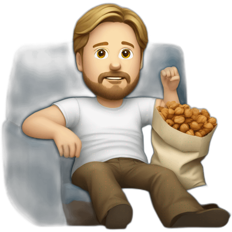 tim heidecker with a beard lazy lounging on couch holding a plastic bag of walnuts emoji