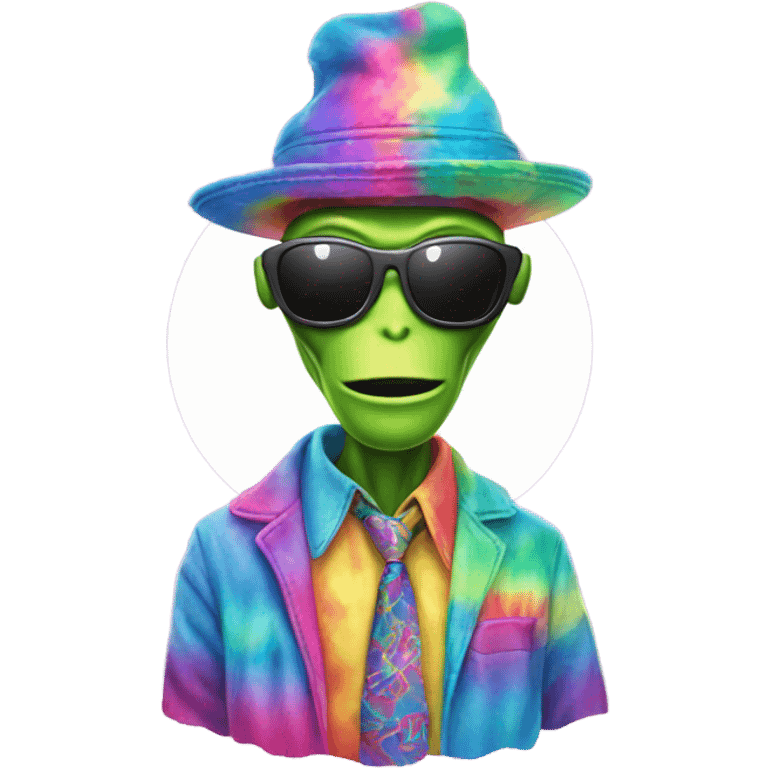 funny alien with hat and sunglasses wearing tye dye emoji