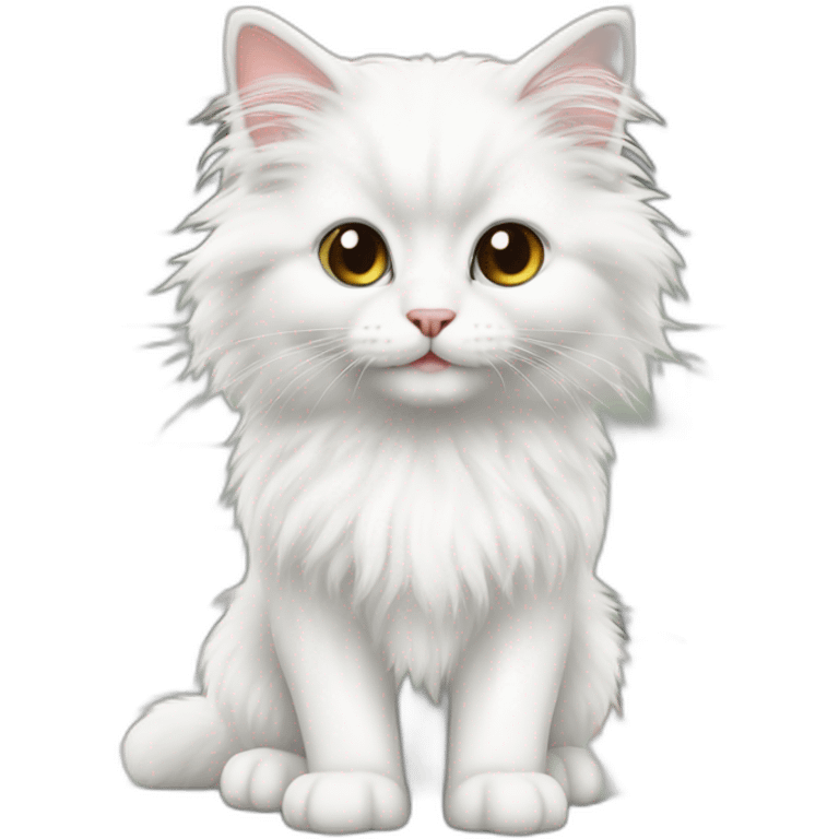 Long-haired white fluffy kitten standing in the kitchen preparing breakfast. emoji