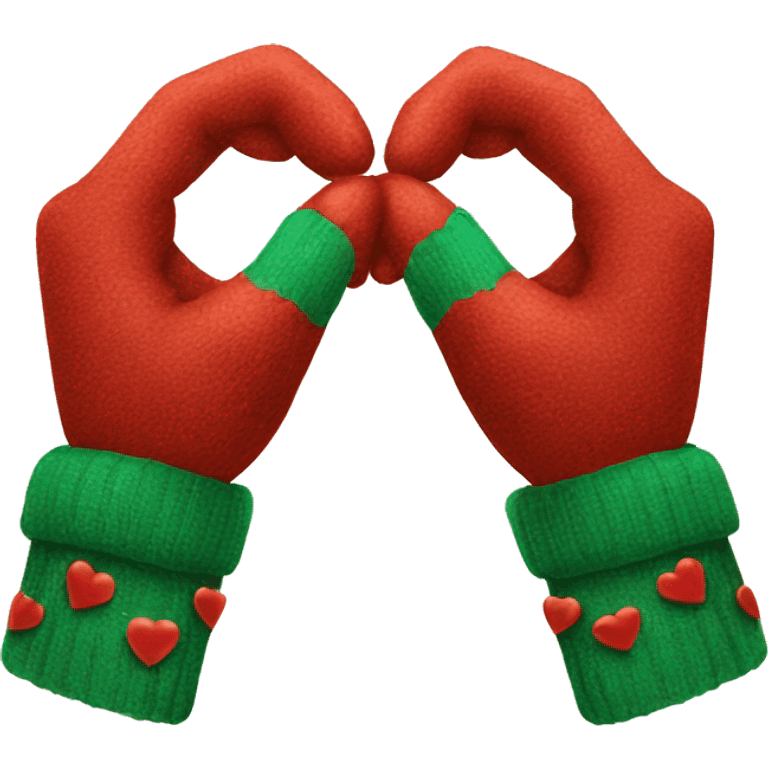 Two hands making a heart and wearing Christmas gloves emoji