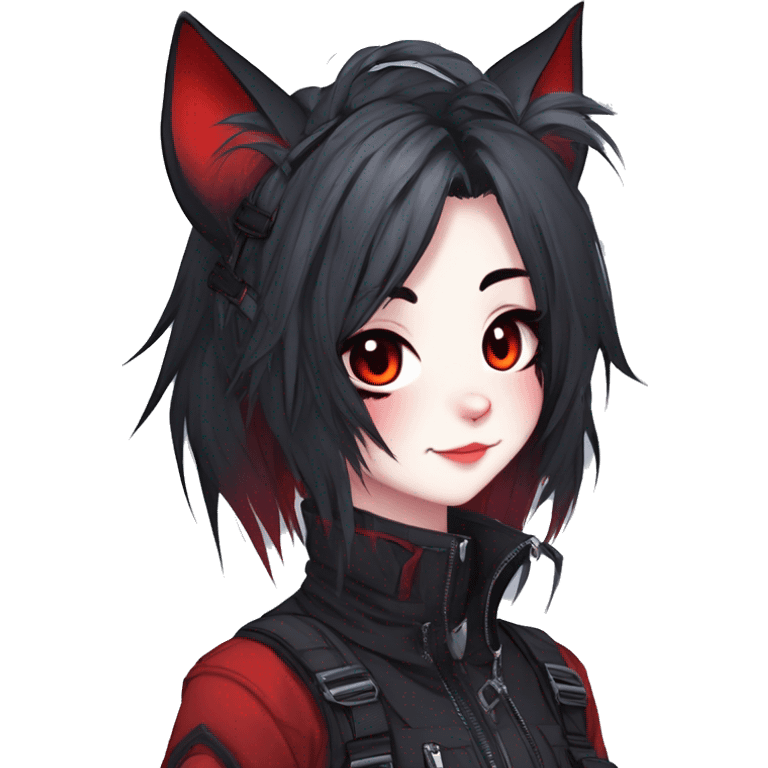 Gorgeous gothic dark techwear anime style anthro cat furry sona with blushing face aesthetic and pretty edgy black red punk messy ponytail hair with collar and harness trending style emoji