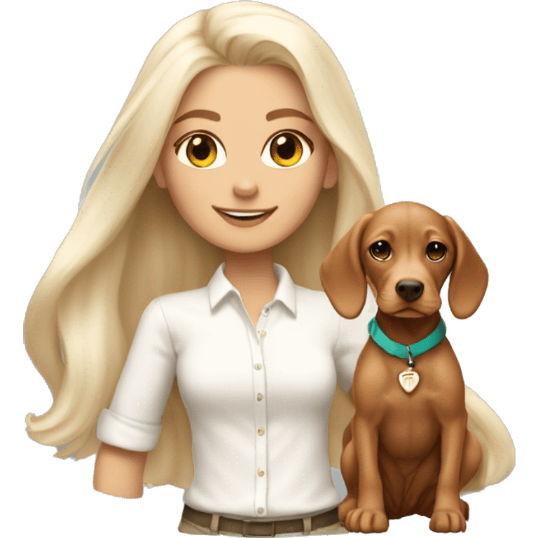 Pretty tan skinned girl with long white blonde hair wearing a preppy outfit with a cute vizsla puppy  emoji