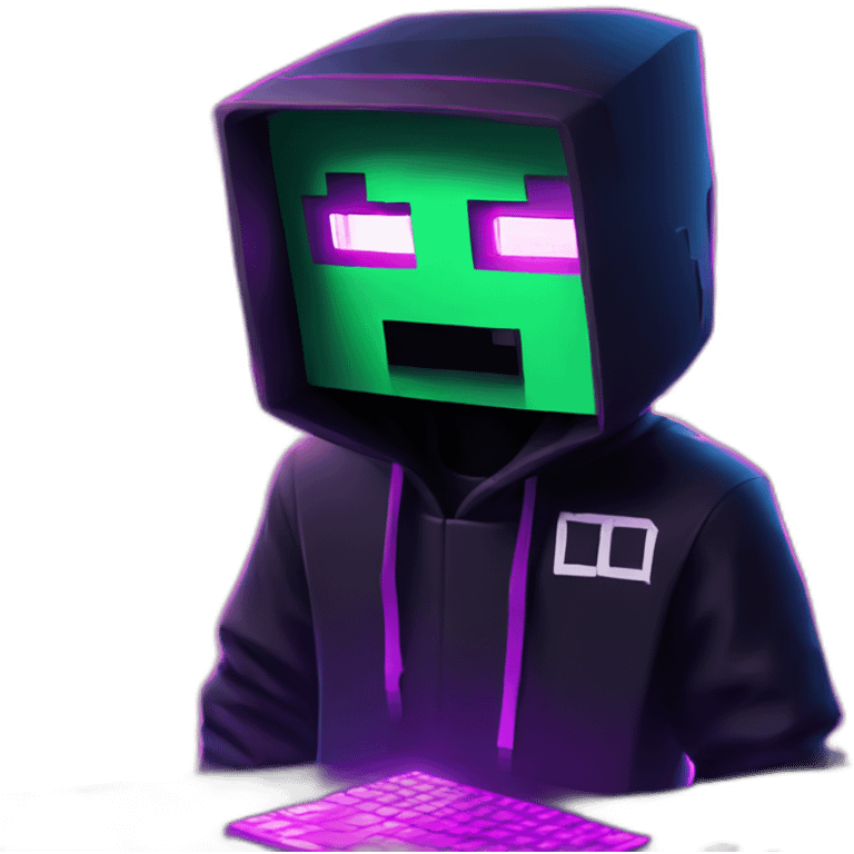 Minecraft Creeper wearing a black hoodie with "OMG" letters on it and VR headset in a cyberpunk VR environment with violet neon lighting. emoji