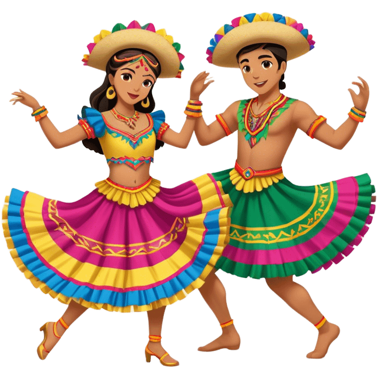 Cinematic Realistic scene of two dancers performing Cumbia, adorned in colorful traditional Colombian costumes with intricate details, captured in rhythmic motion with lively, festive lighting emoji