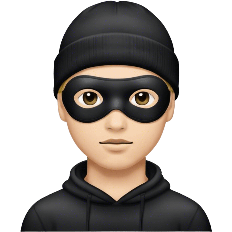 Guy emoji but as a thief wearing a black eye mask and black beanie with no facial hair emoji