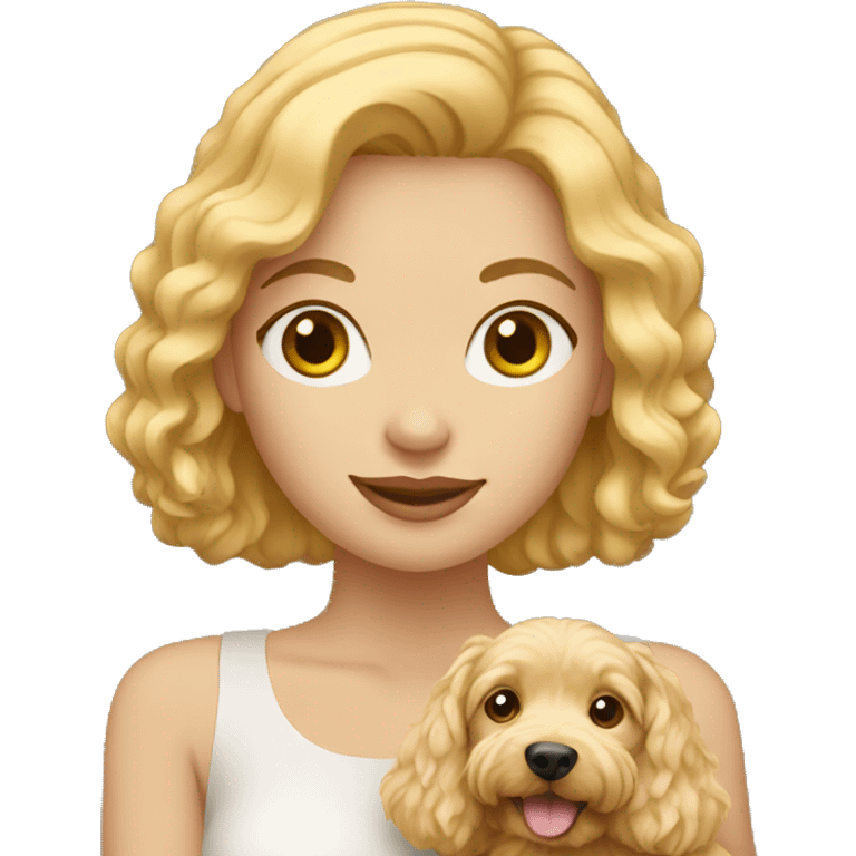 Blonde woman holding a mini golden doodle emoji