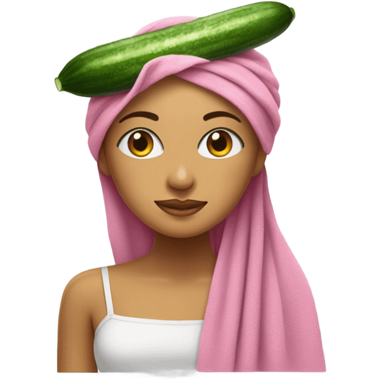 Latina girl with pink towel on head and cucumber on eyes emoji