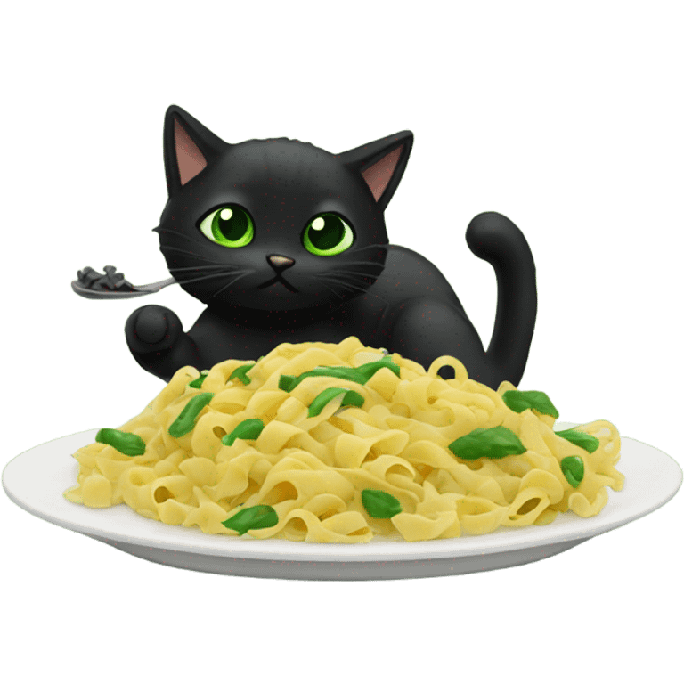 black Cat green eyes eating pasta emoji