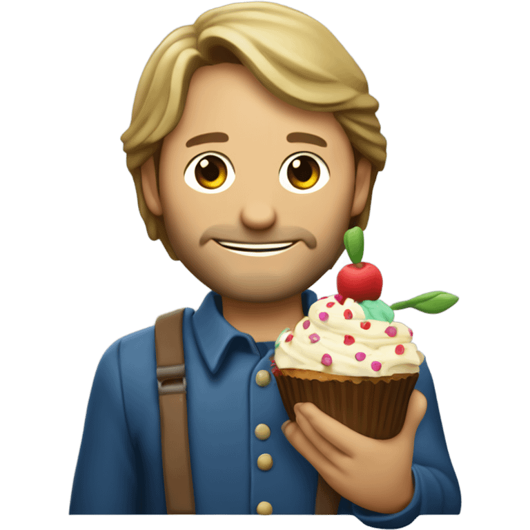 Viggo Mortenson holding a bunch of flowers and a cupcake with a birthday candle in it emoji