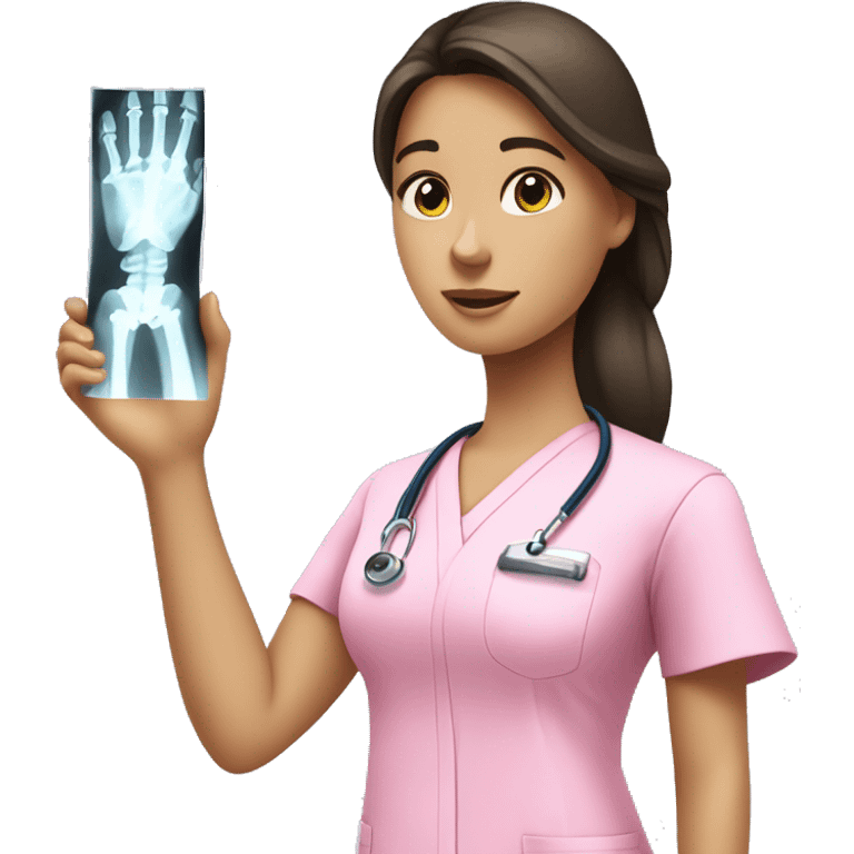 Brunette girl in pink scrubs looking at an arm X-ray  emoji