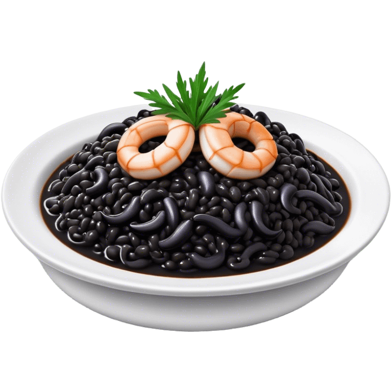 Cinematic Realistic Black Risotto Dish Emoji, showcasing a rich squid ink-infused risotto rendered with bold textures and dynamic, dramatic lighting. emoji