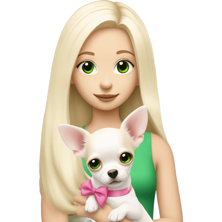 pale blond girl with long platinum hair with green eyes holding a white chihuahua puppy that wearing a pink bow emoji