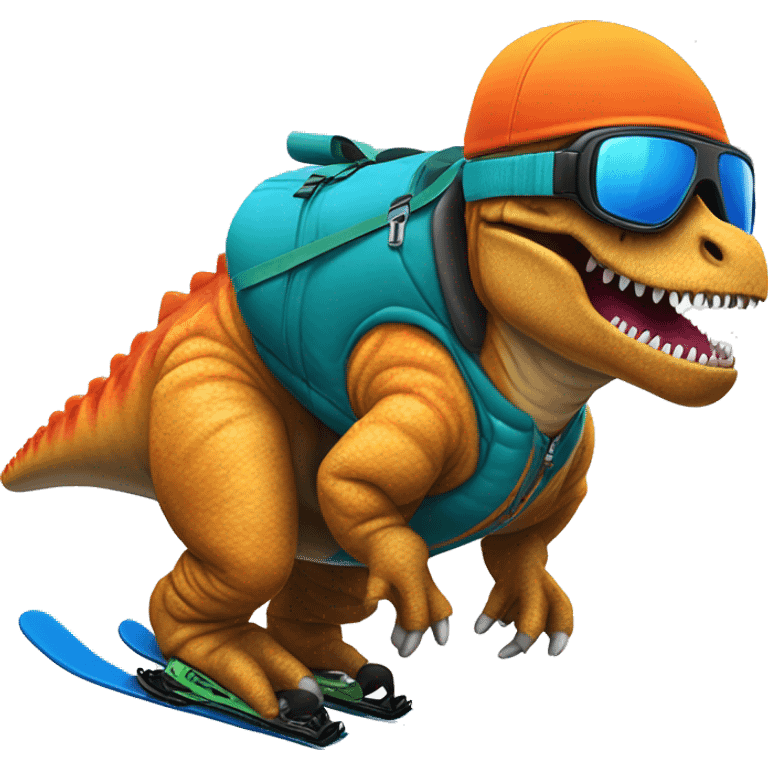 Tyrannosaurus downhill skiing wearing a puffer vest, vibrant colors emoji