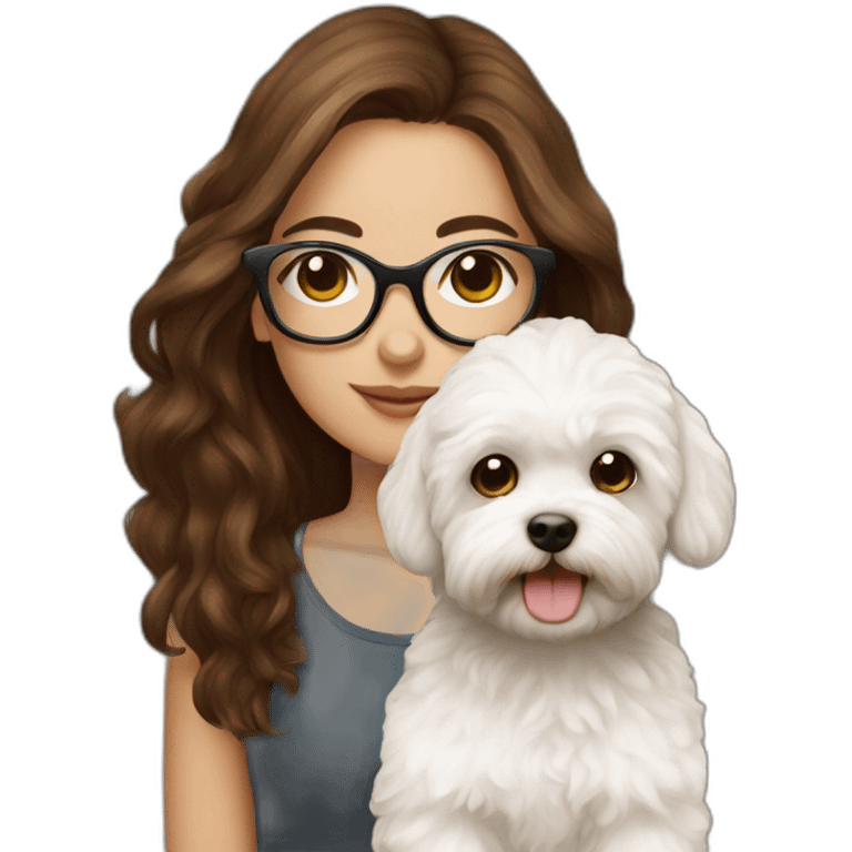 Long brown hair, eyeglassed turkish girl with white maltipoo emoji