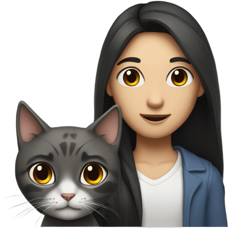 man with very long dark hair and brunette girl with grey cat in her arms emoji