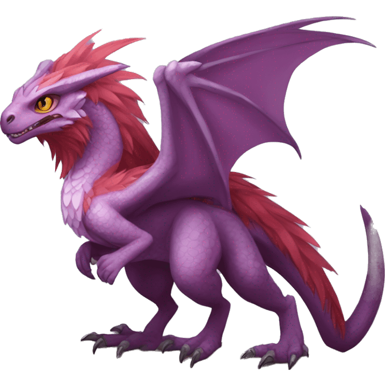 Mauve-maroon-red-violet-colored anthro-raptor-dragonkin-scalie-sona-Fakémon-hybrid with a mane on head and back full body emoji