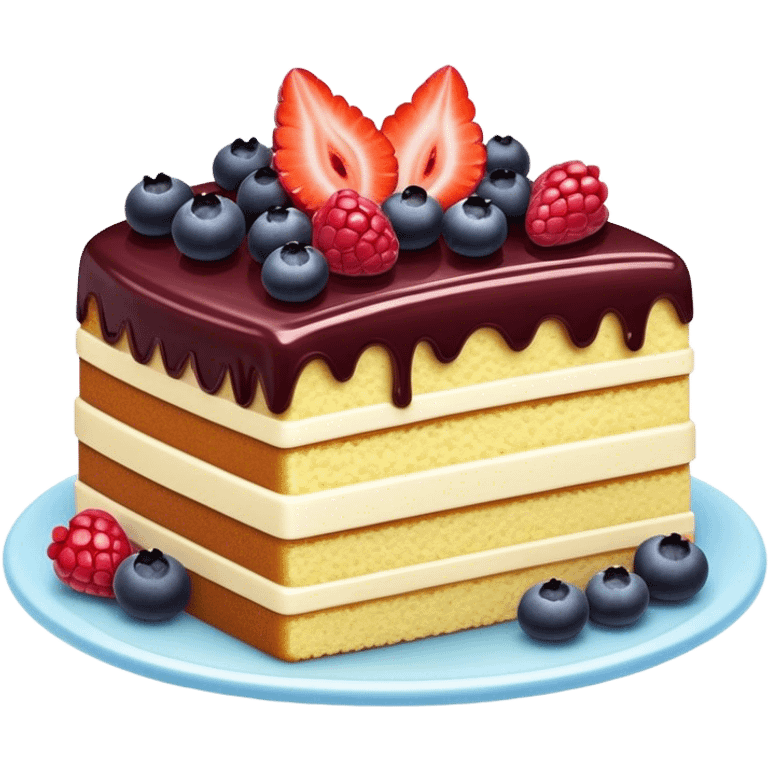 Cinematic luxurious slice of cake, delicate layers of moist sponge and rich frosting, beautifully decorated with fresh berries and a glossy glaze, soft glowing light, elegant and indulgent. emoji