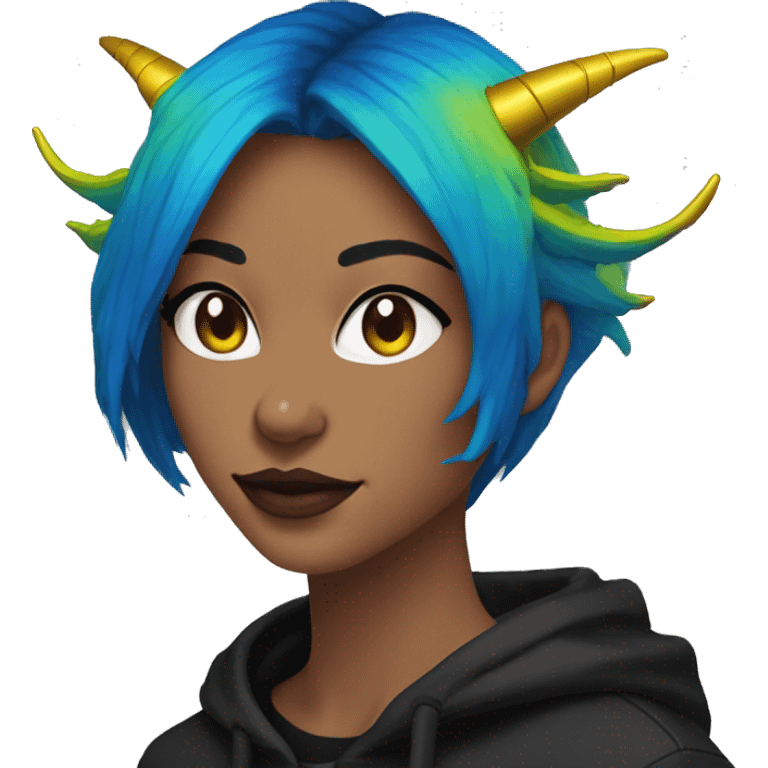 Lady with brunette and iridescent blue hair, gold, lime green dragon wings, black hoodie, bleach dyed, black and gold Nike t shirt, and bright red eyes emoji