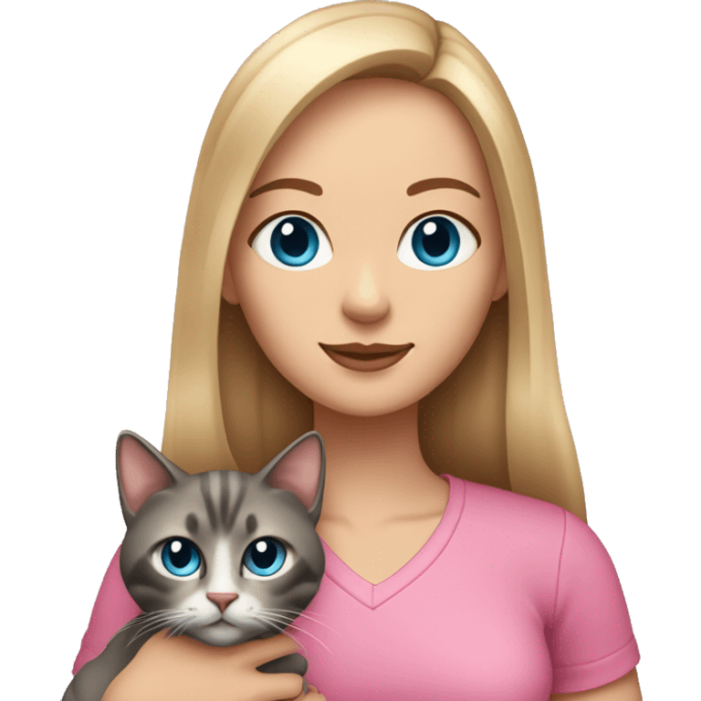 White woman with blue eyes and long dark hair wearing a pink shirt and holding a tabby cat emoji