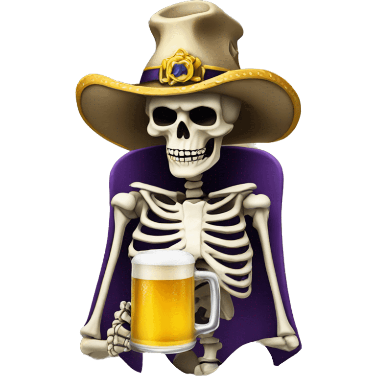 Skeleton wearing a jesters hat drinking beer emoji