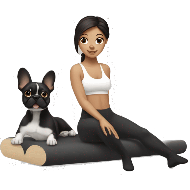 white brunette  pilates with black frenchie emoji