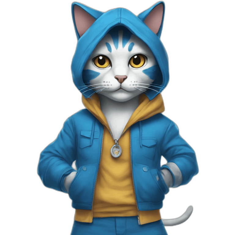 blue kawaï comics styled humanized cat wearing clothes emoji