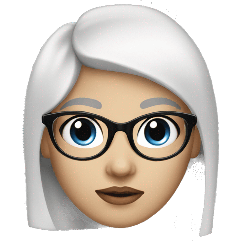 a girl with white skin, long black hair, blue eyes, an oval face, a sharp, neat nose, dark, neat eyebrows and trapezoidal rounded glasses emoji