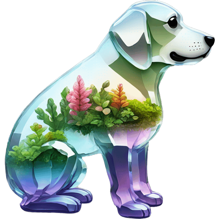 A dog made of glass mirror crystals prisms glass transparent filled with plants as a terrarium with graffiti doodles emoji