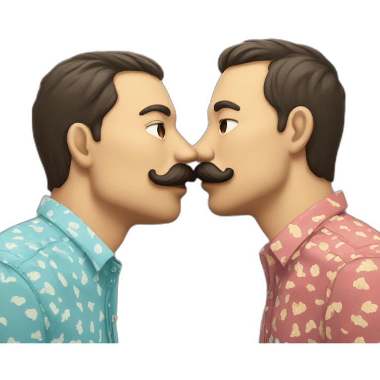 Two guys kissing with moustache wearing printed shirts  emoji