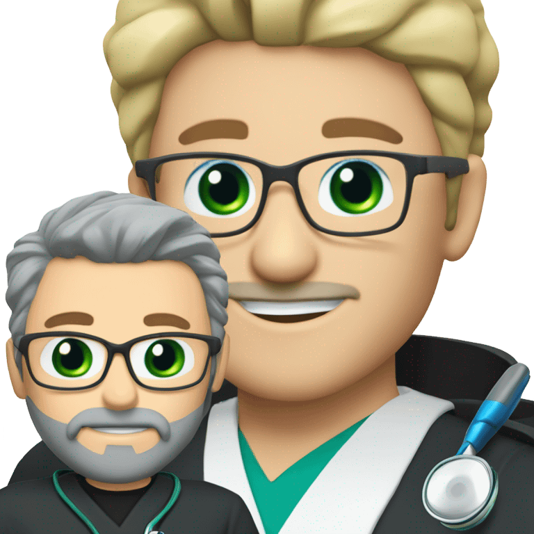 male blond doctor with grey beard with blue-green eyes and wire glasses in black scrubs holding a paintbrush emoji