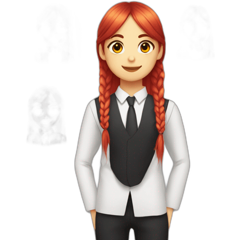 (gril) makima with long straight red or pink hair fringe and one braid, yellow eyes with a circle inside and a white shirt with long sleeve and black tie emoji