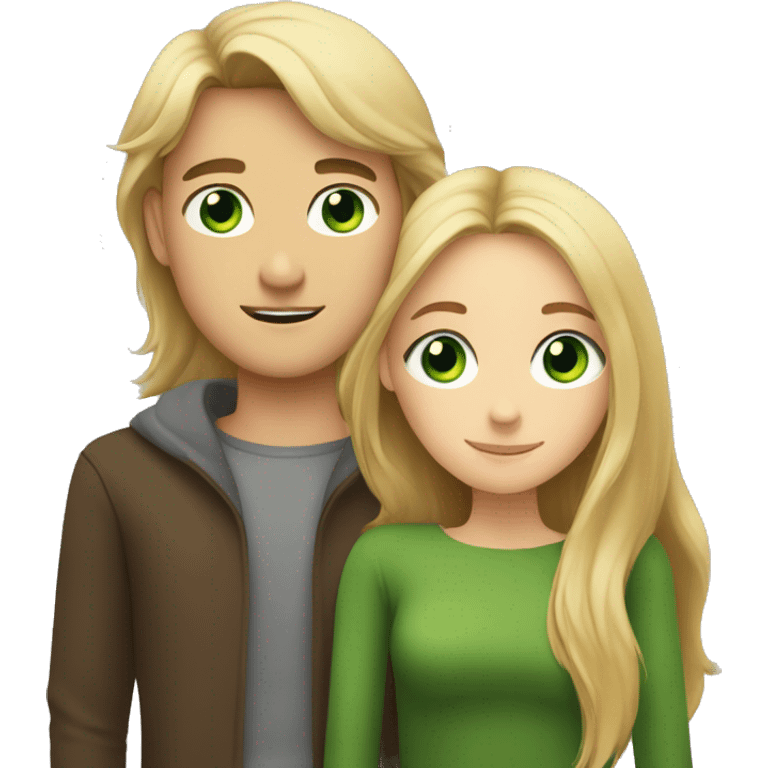 A girl with green eyes and brown long hair hugs a blond guy with green eyes emoji