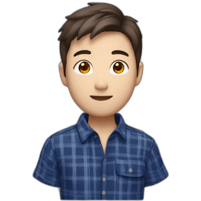 A Chinese young man with no beard,  short brown hair, exuding confidence, clad in a navy blue checked flannel shirt. emoji