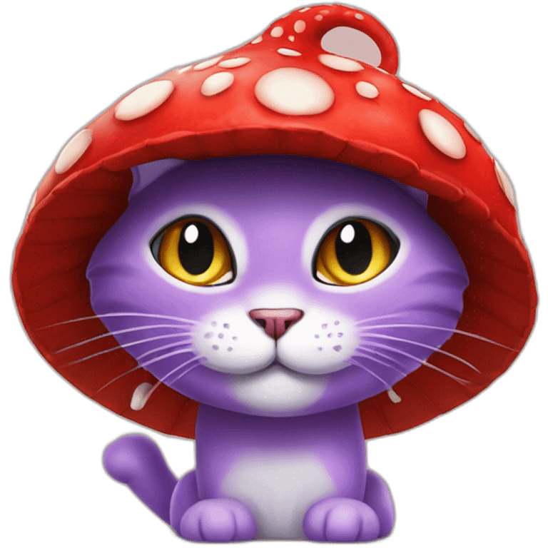 Purple cat in a fly agaric hat smiles evilly emoji