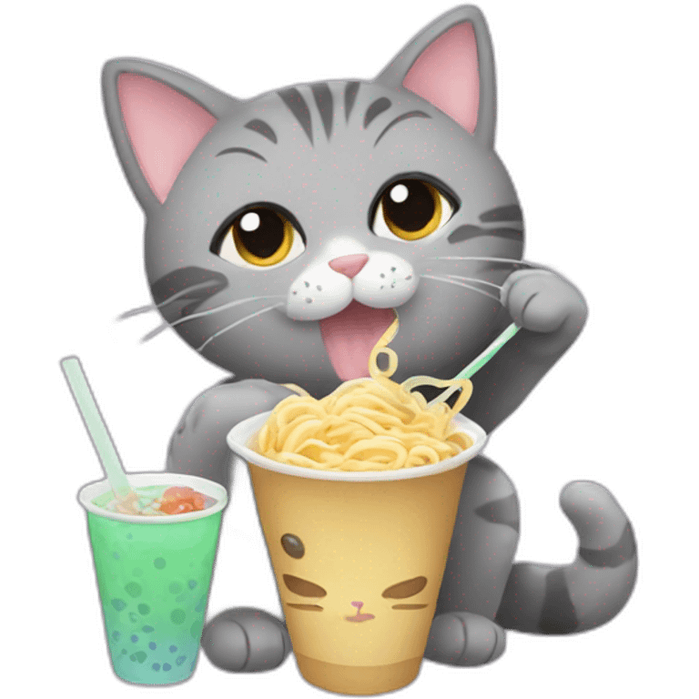 grey cat eating noodles next to bubble tea emoji