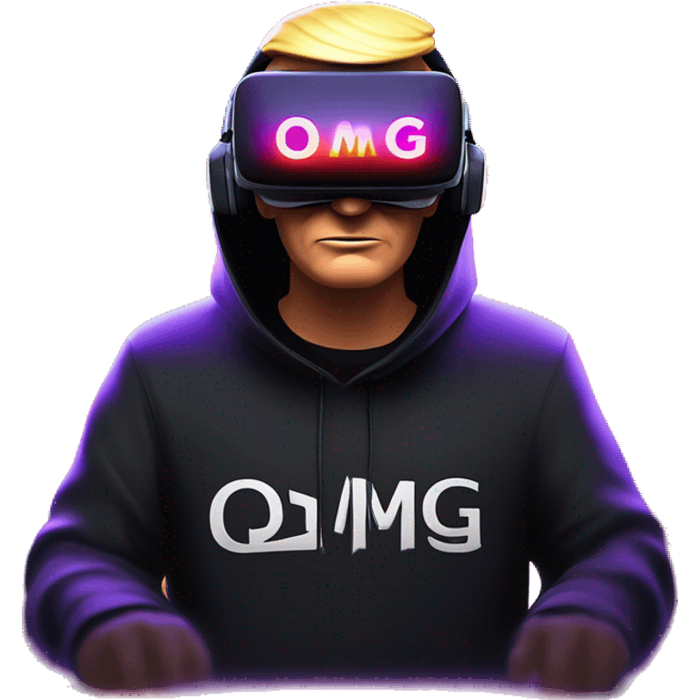 Donald Trump wearing a black hoodie with "OMG" letters on it and VR headset oculus quest 2 in a cyberpunk VR environment with violet neon lighting. emoji