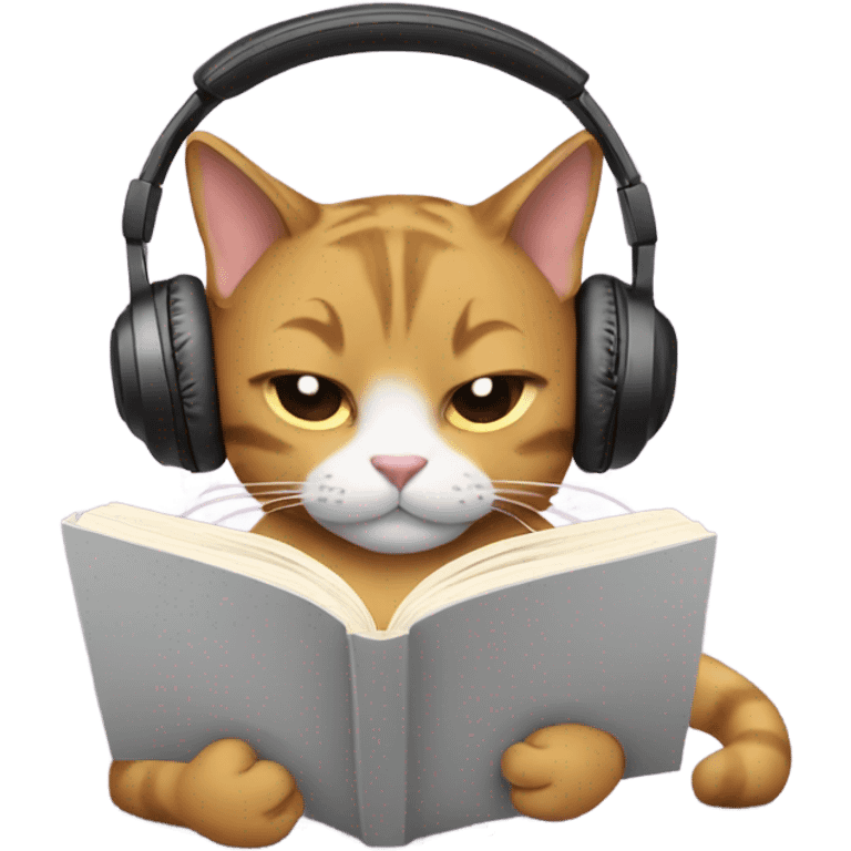 A cat reading a book while wearing headphones emoji