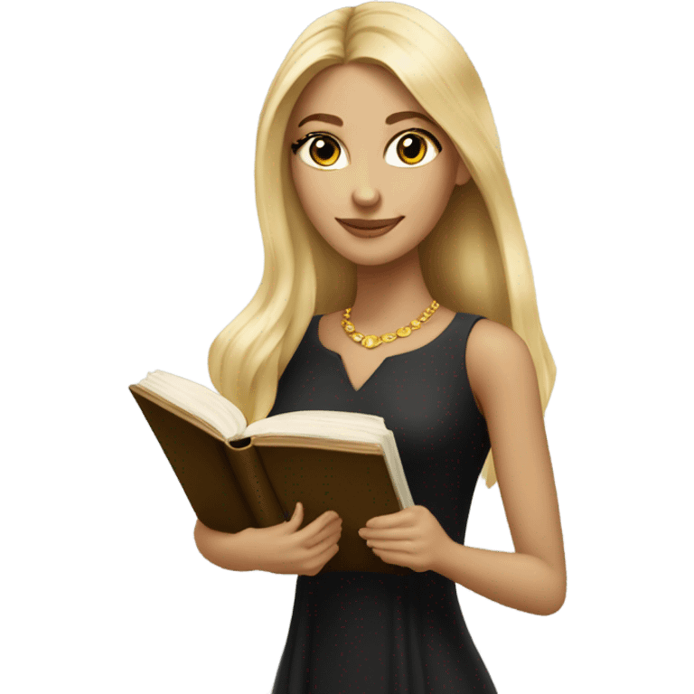 Beautiful skinny woman long blonde hair in dark dress with gold earrings with book  emoji