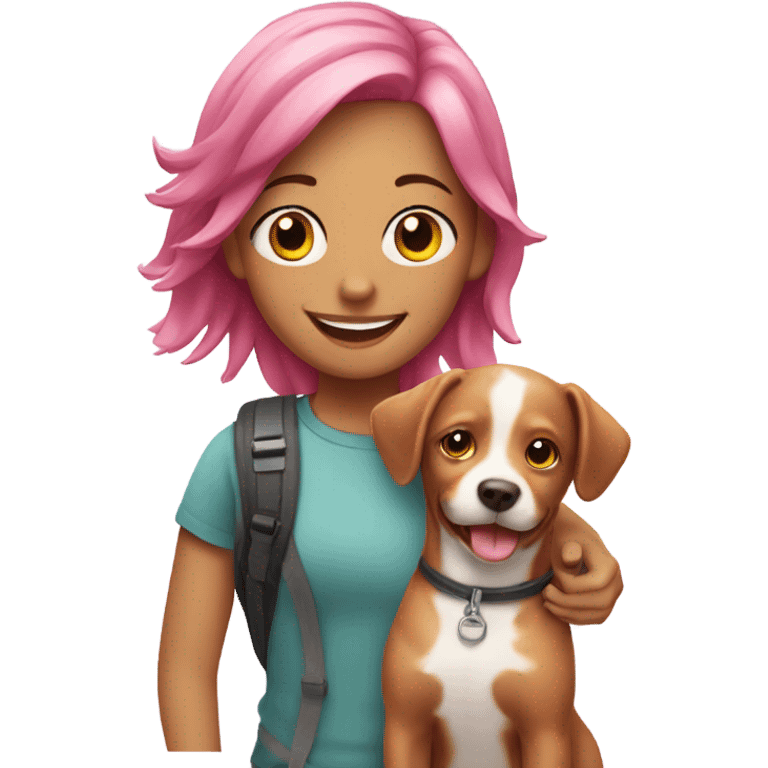 smiling girl with pink hair with dog outdoors emoji