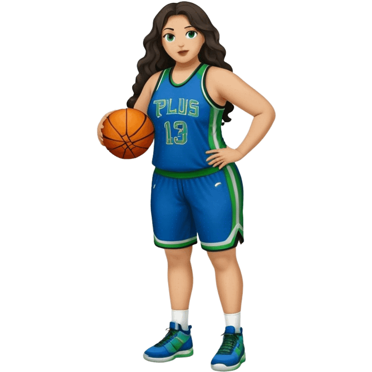 Full Body light skin Latino plus size full figured women basketball player with long wavy dark hair  wearing blue and green uniform emoji