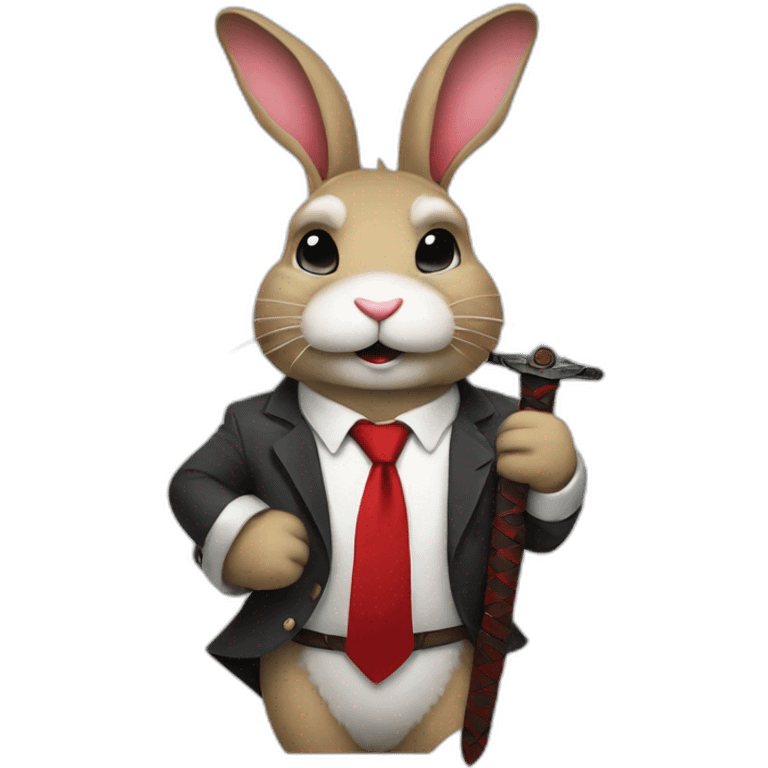 Bunny with sword in back with rugged smiley face with red tie in his neck emoji