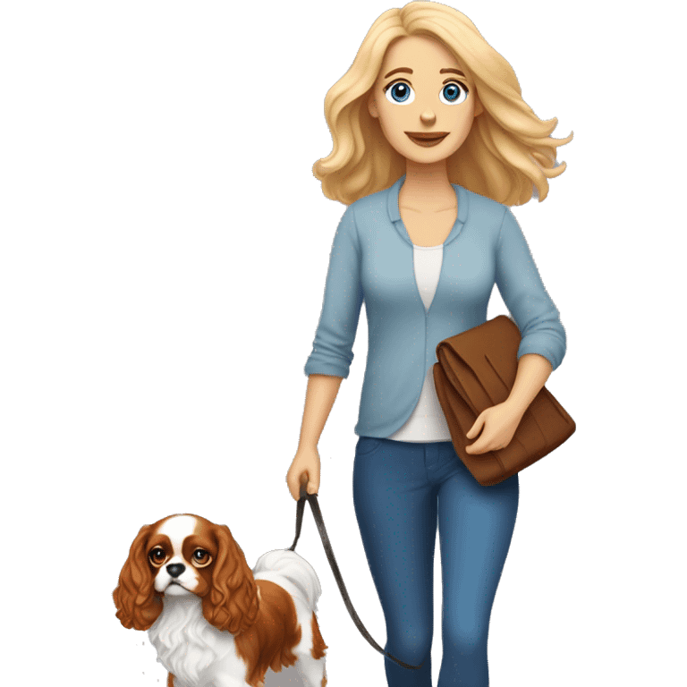 A white woman with blue eyes walks with a cavalier King Charles spaniel emoji