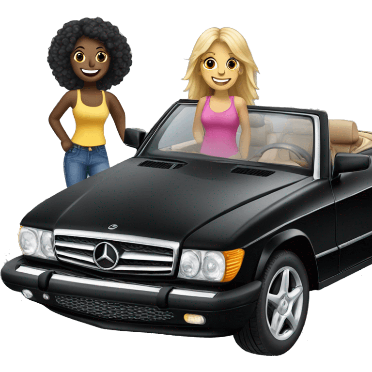 Black Mercedes Cabrio with two happy girls emoji