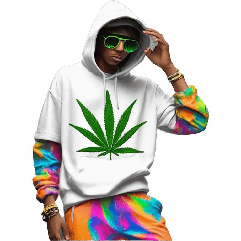 Hemp leaves Multicoloured neon person smoking wearing hoodie dancing hip hop bucket hat tropical Skater fashion aesthetic baggy clothes graphic t shirt 420 emoji