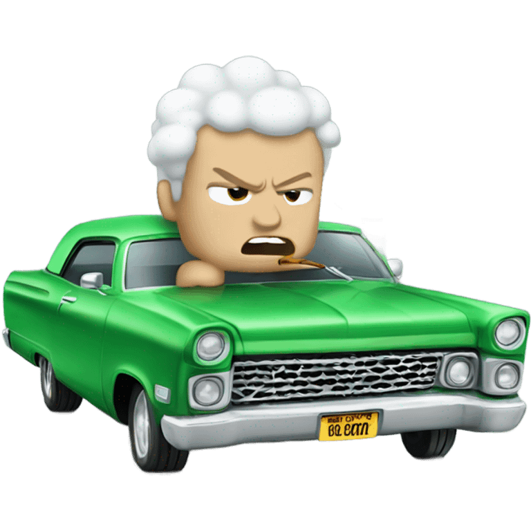 Block face, angry little white man smoking and blowing big clouds wow riding in a green Lowrider emoji