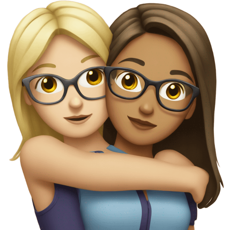 Blonde girl with glasses hugging brunette girl emoji