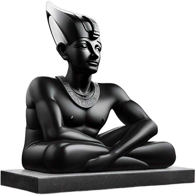 Osiris obsidian statue on granite 30 ton brick, massive size, sunlight behind, sunset colors, reflections on black stone polished clean perfect, photography angles emoji