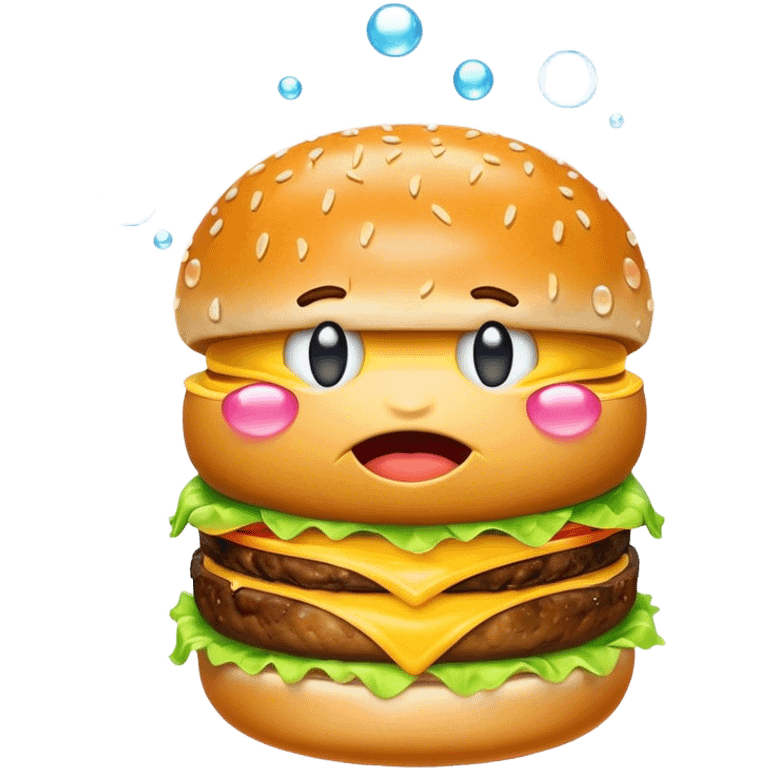 Yellow emoji eating burger with bubbles around it crying emoji