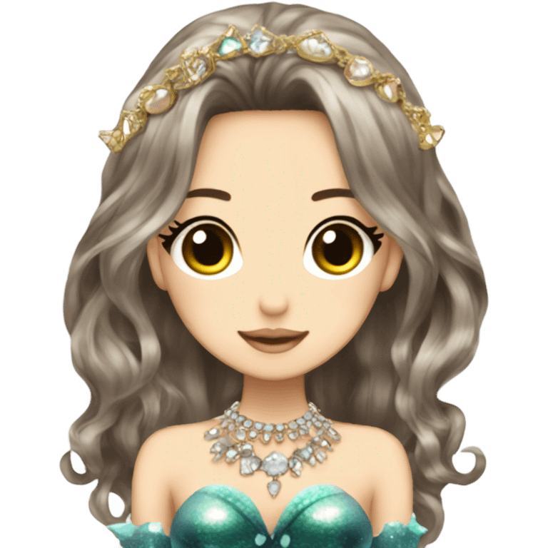 mermaid hime gyaru girl, dark brown hair, jewerly emoji